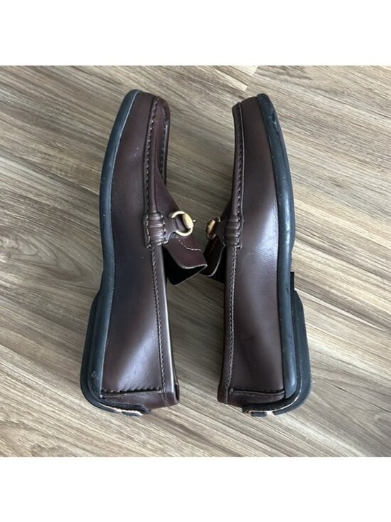 GUCCI Brown Leather Horsebit Driving Loafers Men\'s Back Heel Logo Rubber Sole
